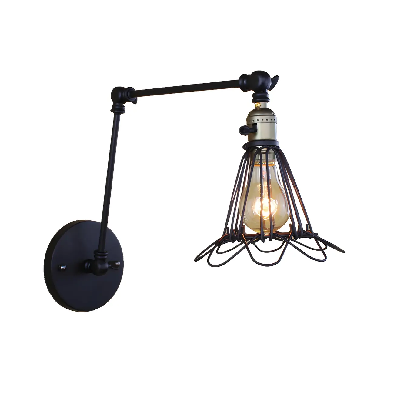 Industrial Black Wire Cage Swing Arm Wall Light Image - 3 | homeyfad