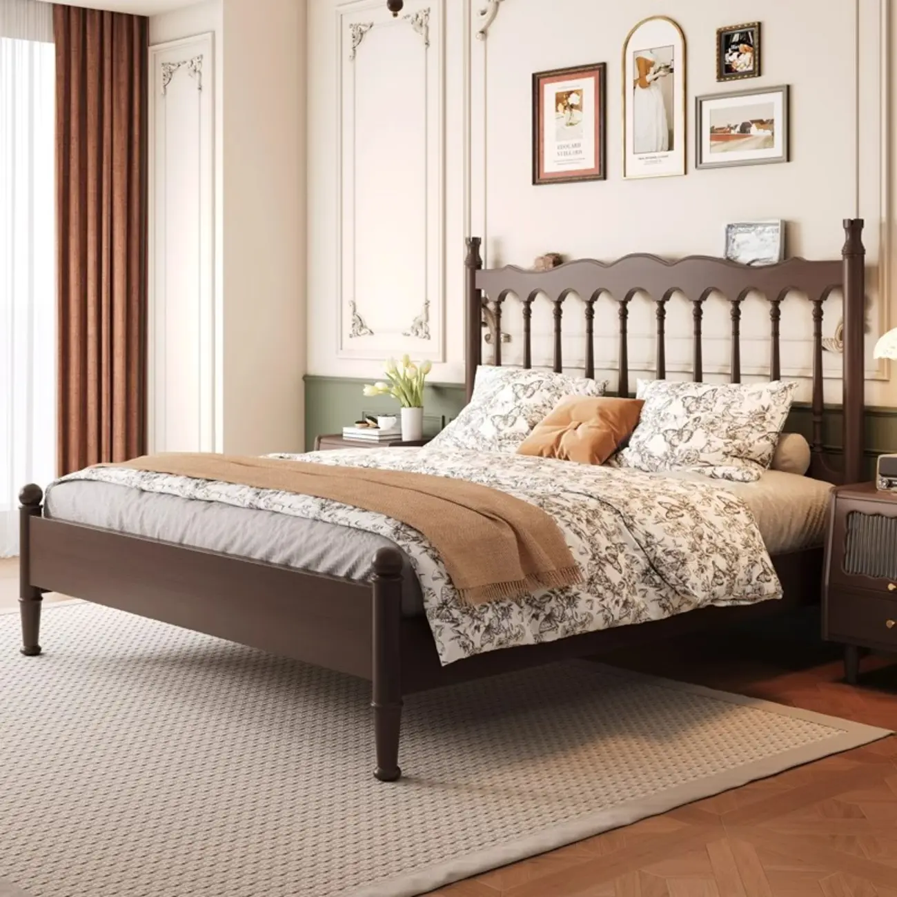 Mid-Century Solid Color Wooden Bed Frame with Headboard Image - 1 | homeyfad