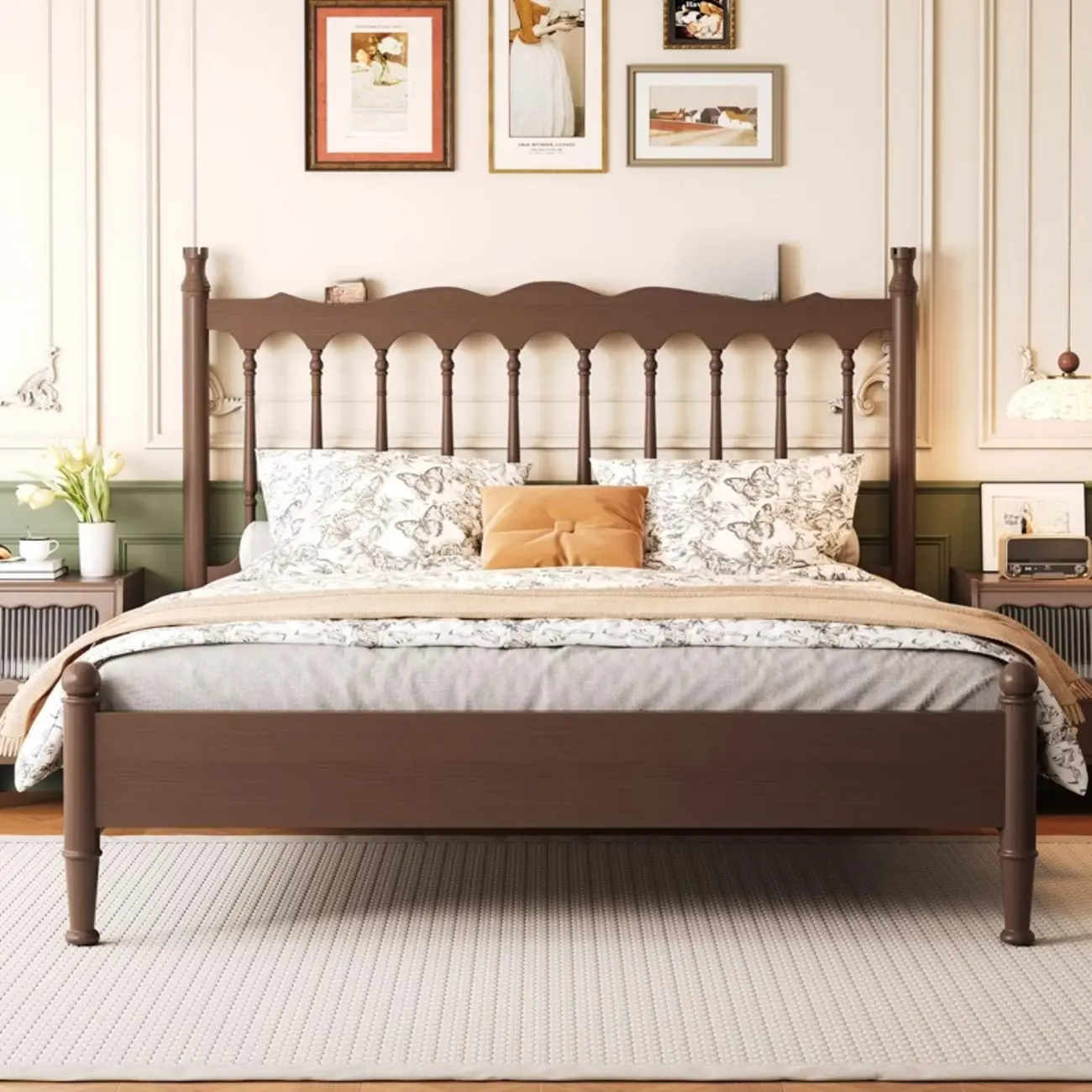 Mid-Century Solid Color Wooden Bed Frame with Headboard Image - 2 | homeyfad
