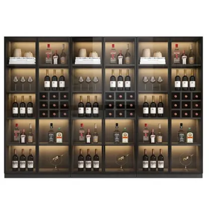 Freestanding Black Wood Glass Door Wine Rack Cabinet Image - 2
