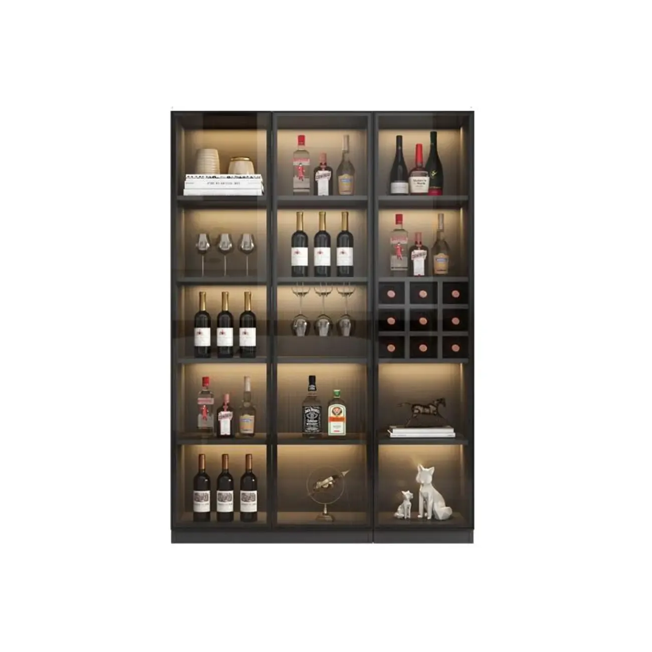 Freestanding Black Wood Glass Door Wine Rack Cabinet Image - 3