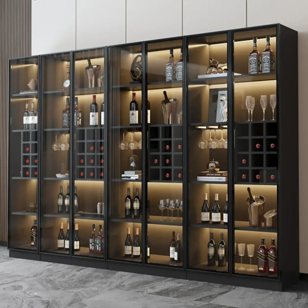 Freestanding Black Wood Glass Door Wine Rack Cabinet Image - 4