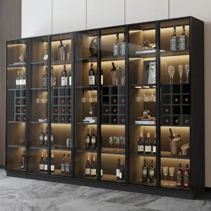 Freestanding Black Wood Glass Door Wine Rack Cabinet Image - 4