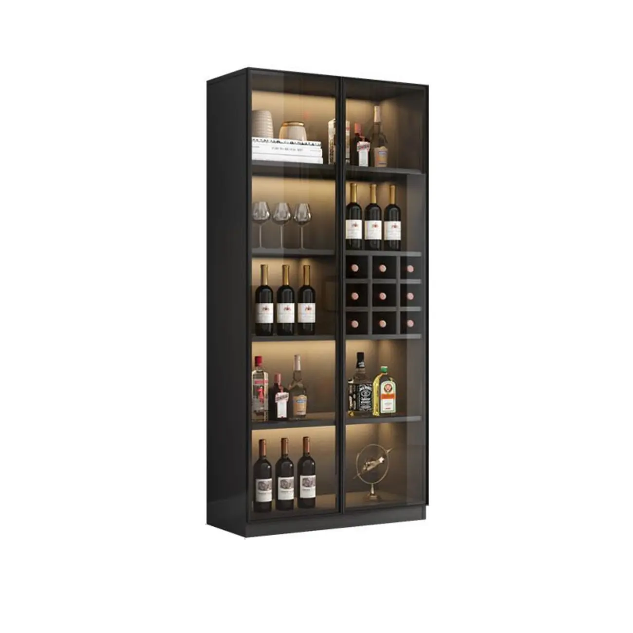 Freestanding Black Wood Glass Door Wine Rack Cabinet Image - 5 | homeyfad