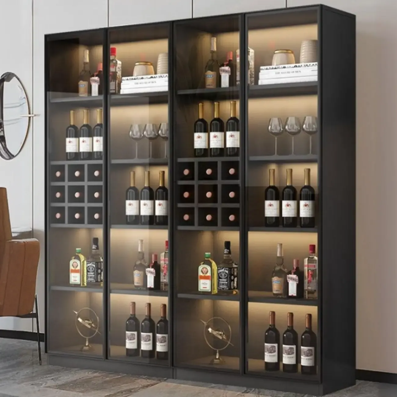 Freestanding Black Wood Glass Door Wine Rack Cabinet Image - 6