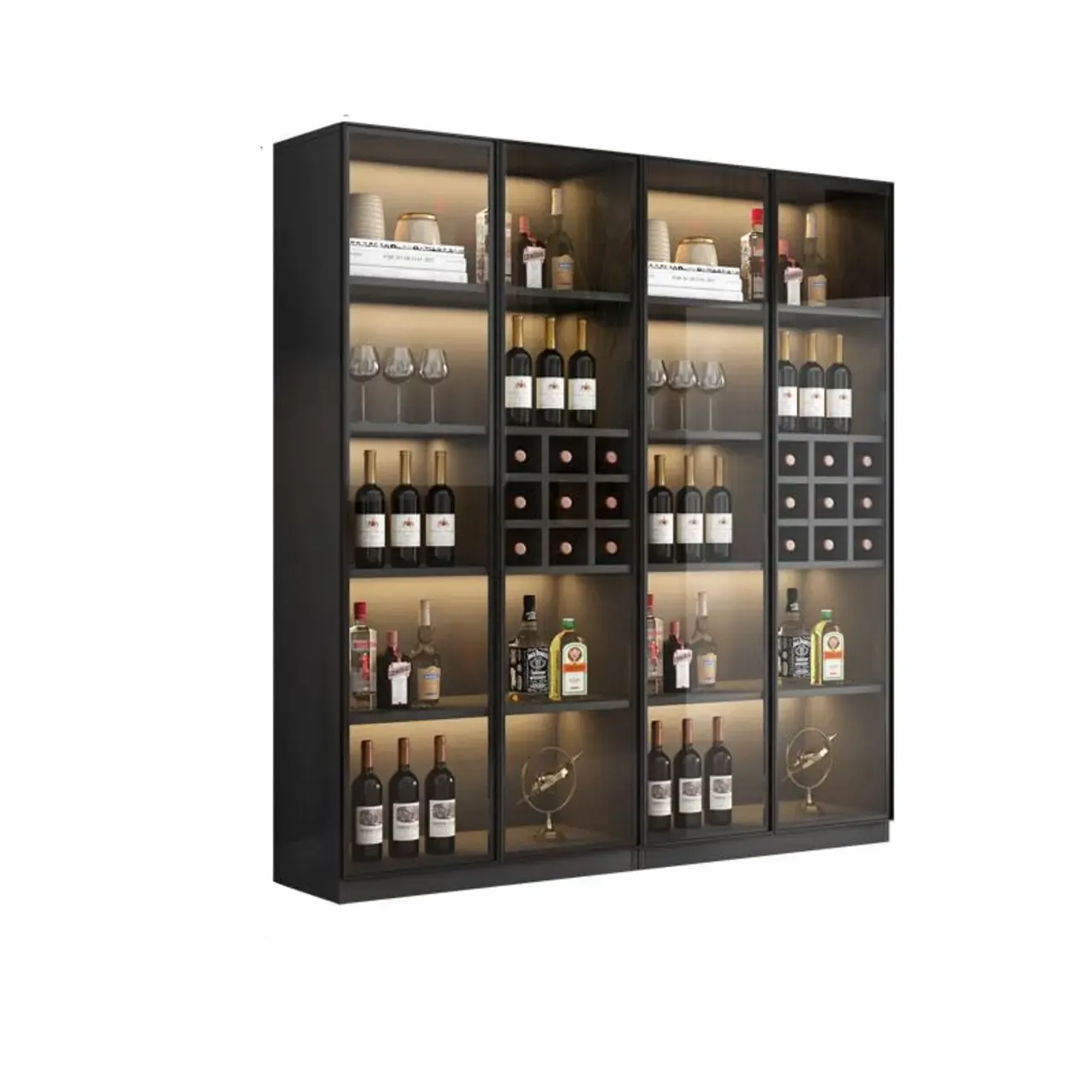 Freestanding Black Wood Glass Door Wine Rack Cabinet Image - 7