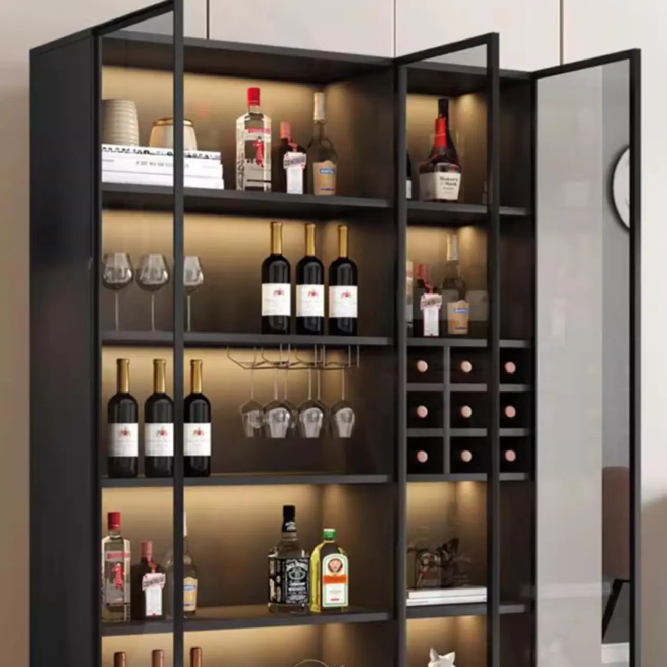 Freestanding Black Wood Glass Door Wine Rack Cabinet Image - 8 | homeyfad