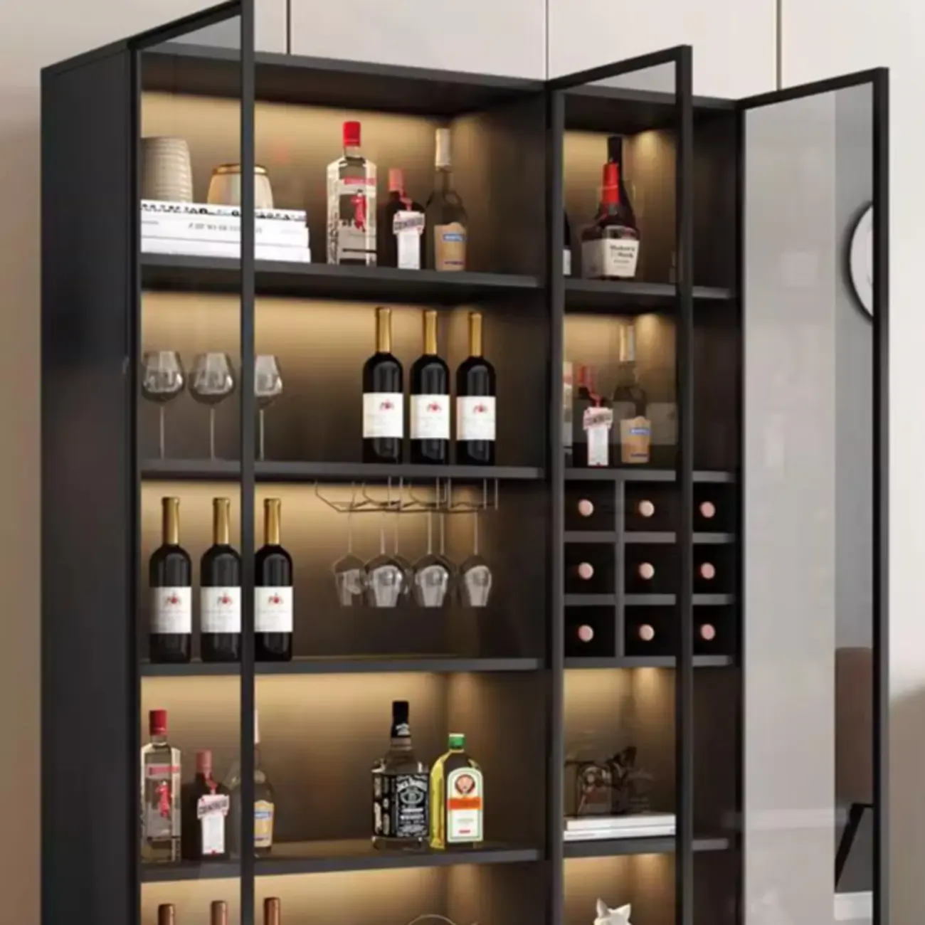 Freestanding Black Wood Glass Door Wine Rack Cabinet Image - 8
