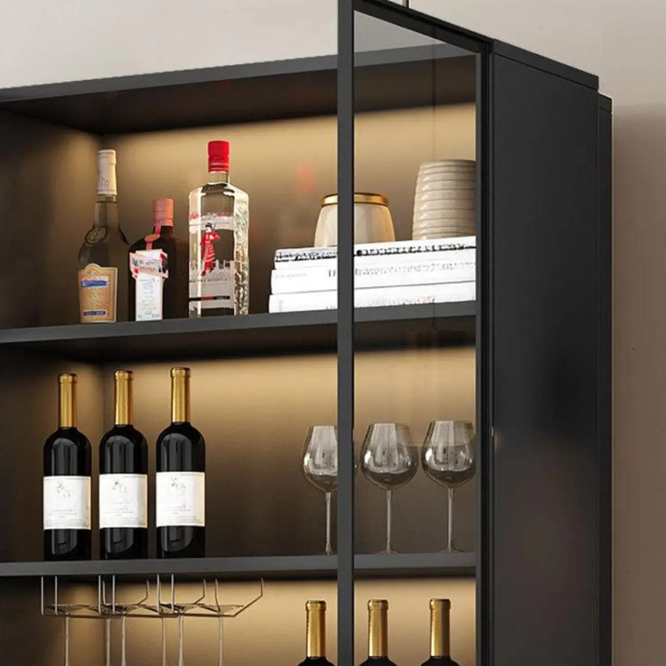 Freestanding Black Wood Glass Door Wine Rack Cabinet Image - 10