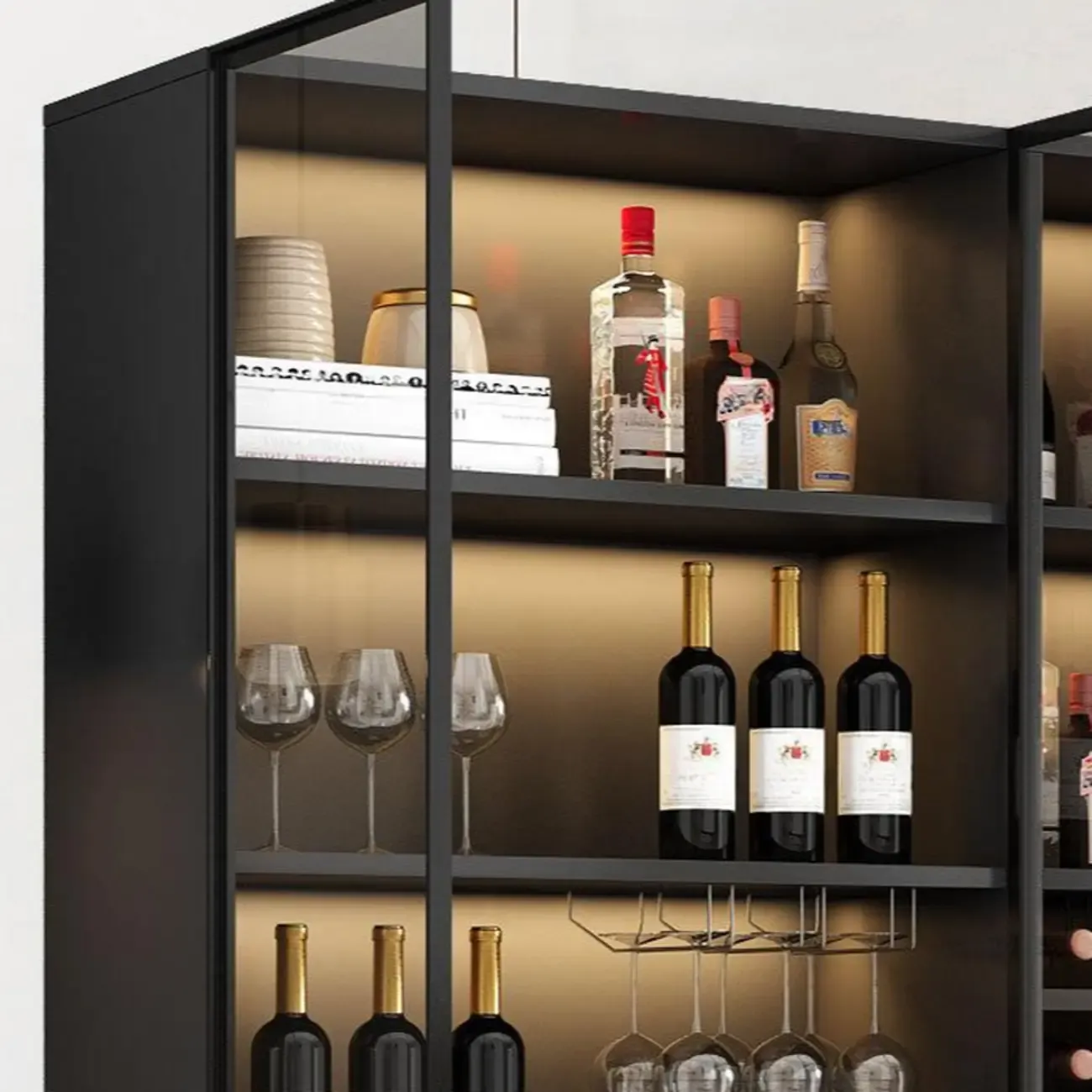 Freestanding Black Wood Glass Door Wine Rack Cabinet Image - 11