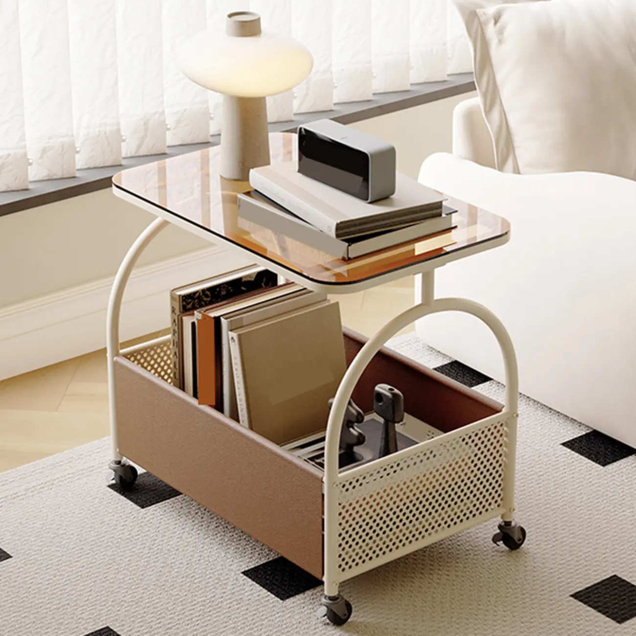 Brown Glass Top Storage Side Table Cart with Wheel Image - 1 | homeyfad