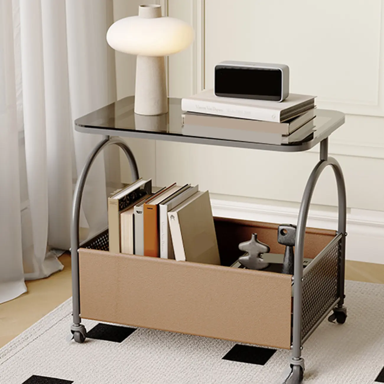 Brown Glass Top Storage Side Table Cart with Wheel Image - 3 | homeyfad