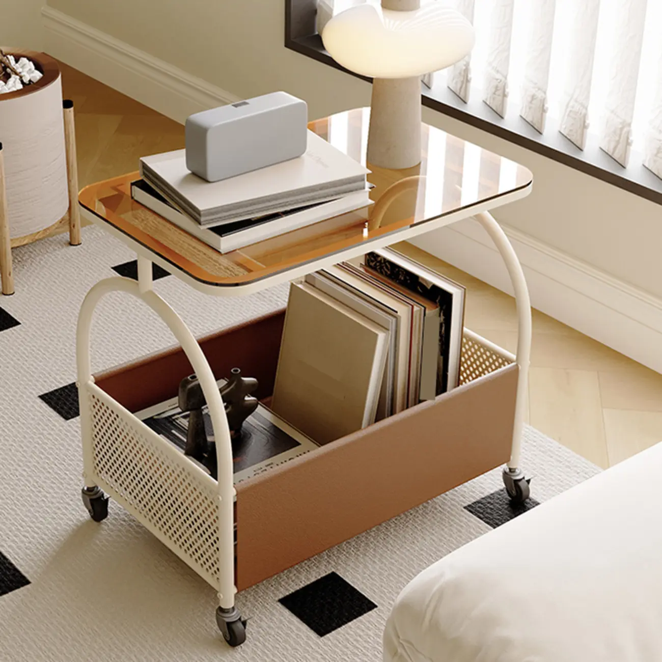 Brown Glass Top Storage Side Table Cart with Wheel Image - 4 | homeyfad