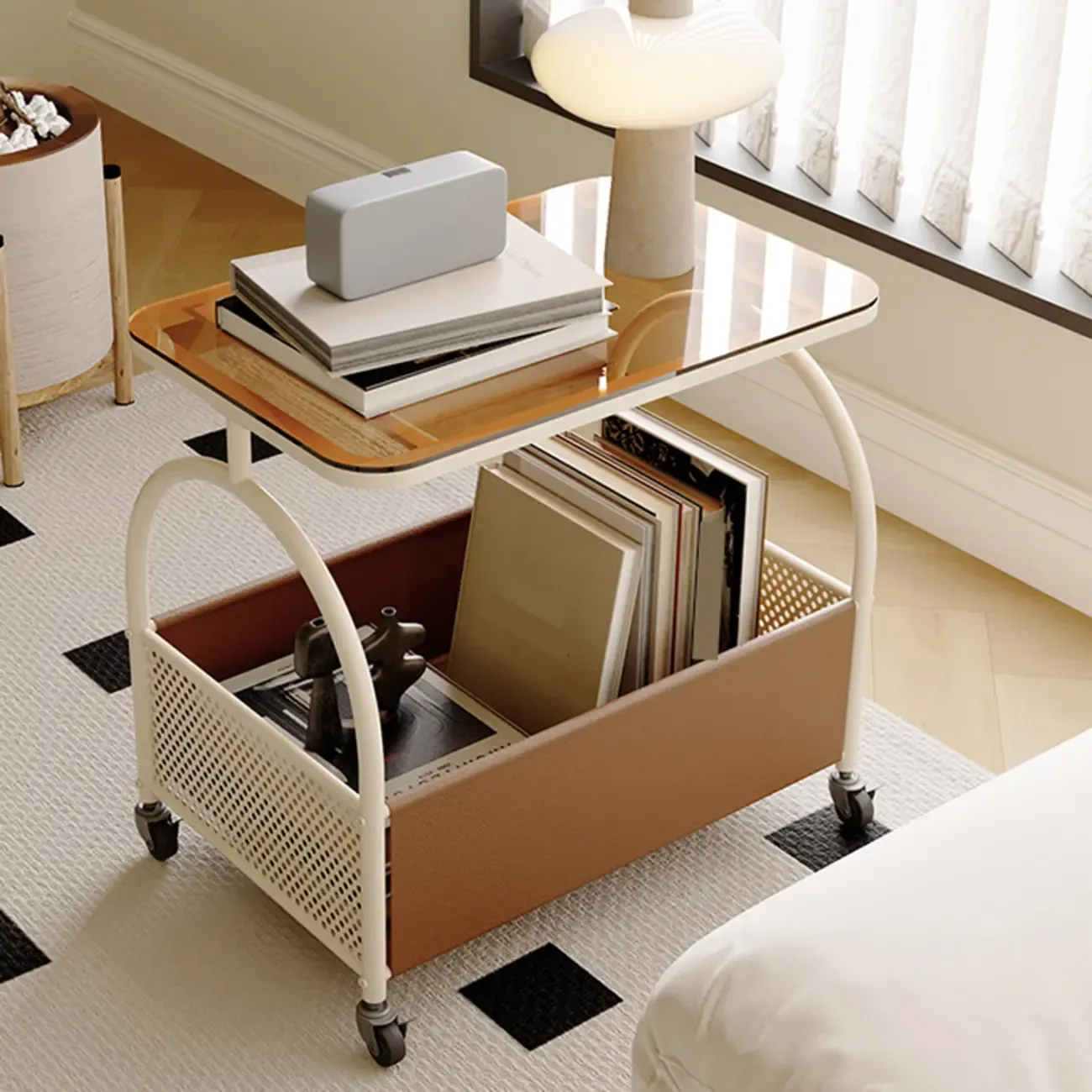 Brown Glass Top Storage Side Table Cart with Wheel Image - 4