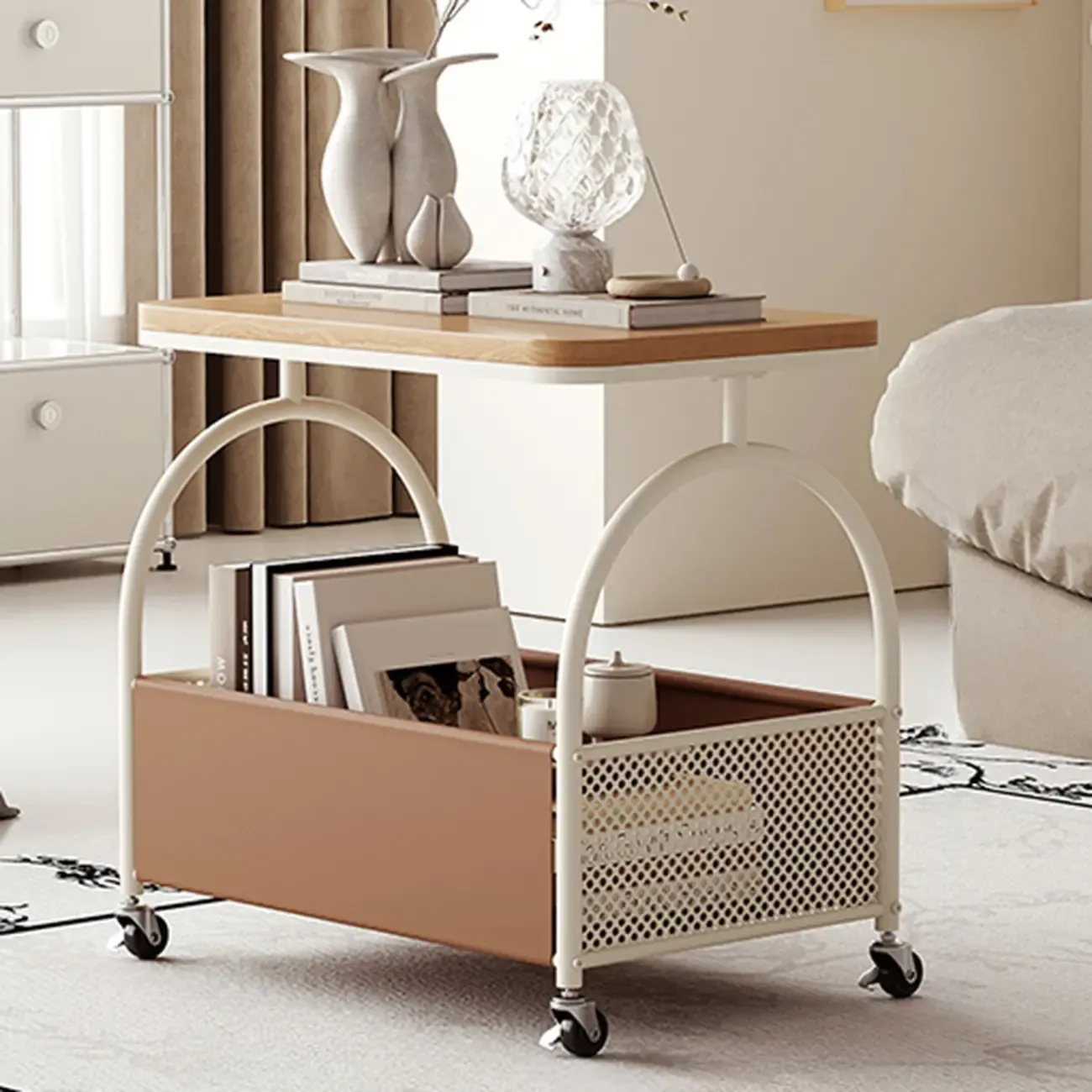 Brown Glass Top Storage Side Table Cart with Wheel Image - 5