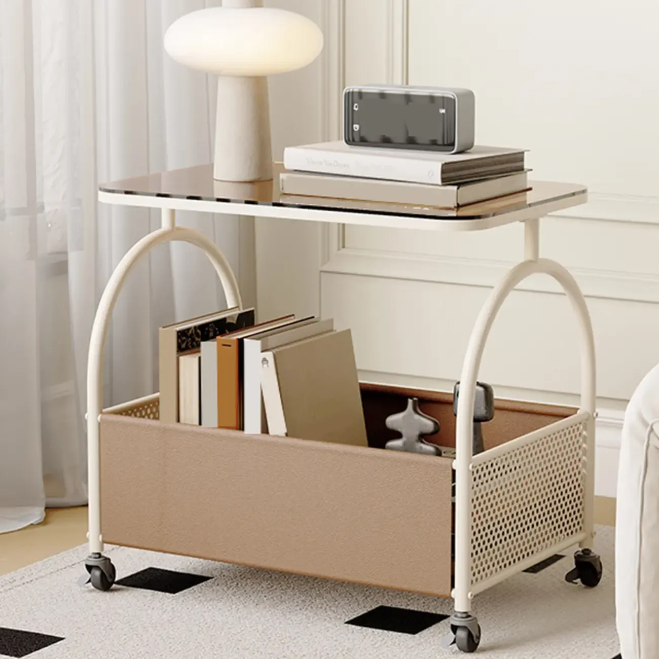 Brown Glass Top Storage Side Table Cart with Wheel Image - 6