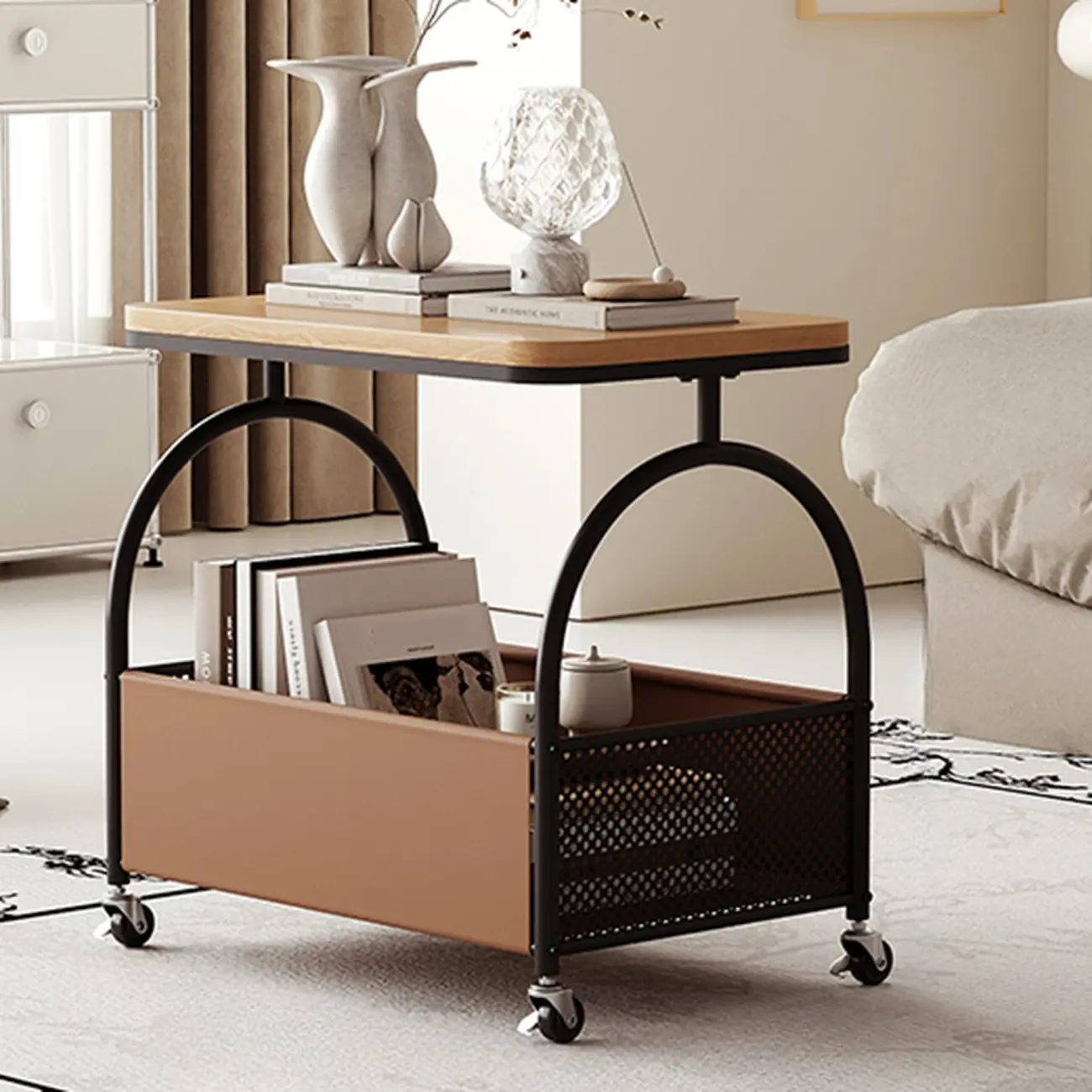 Brown Glass Top Storage Side Table Cart with Wheel Image - 7 | homeyfad