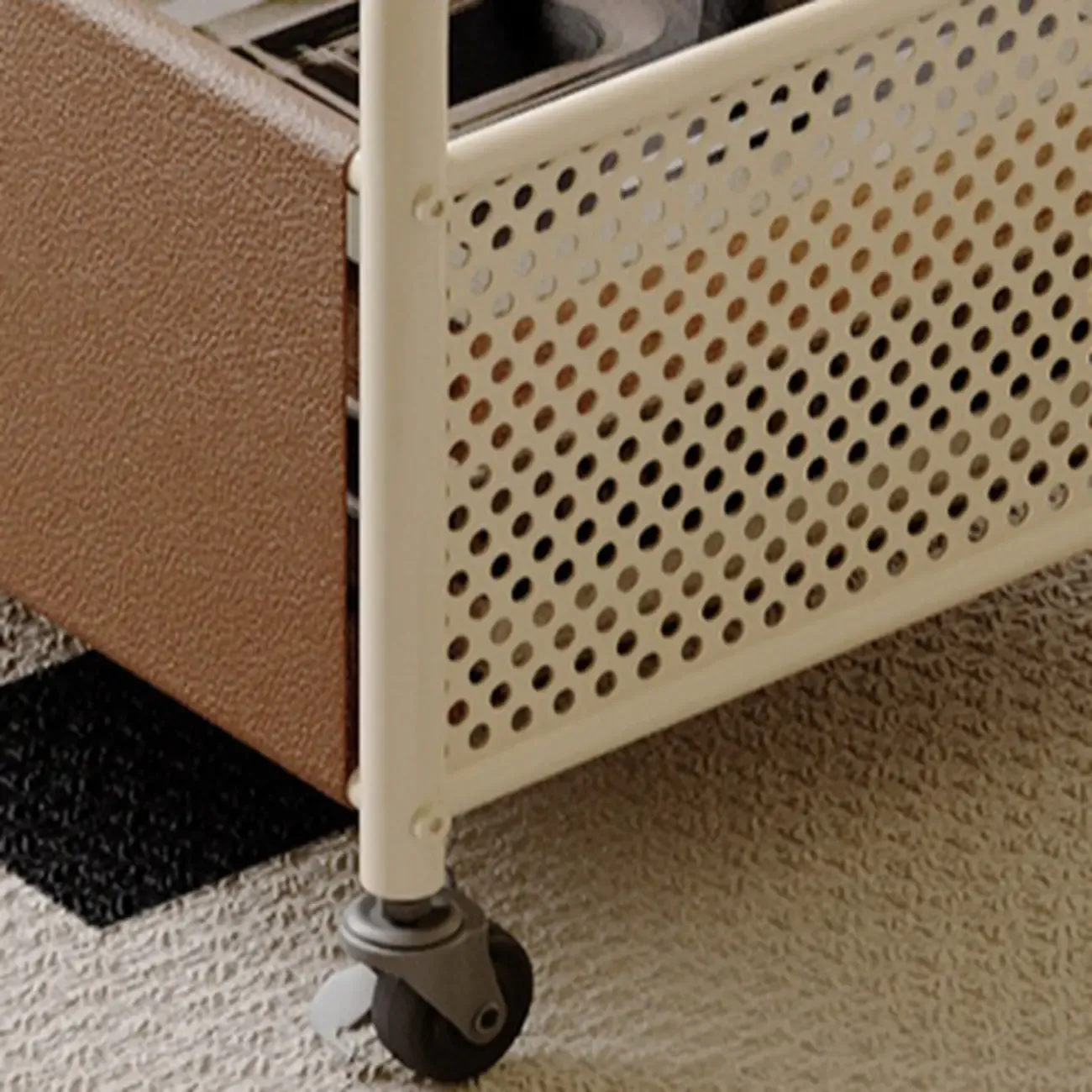 Brown Glass Top Storage Side Table Cart with Wheel Image - 8