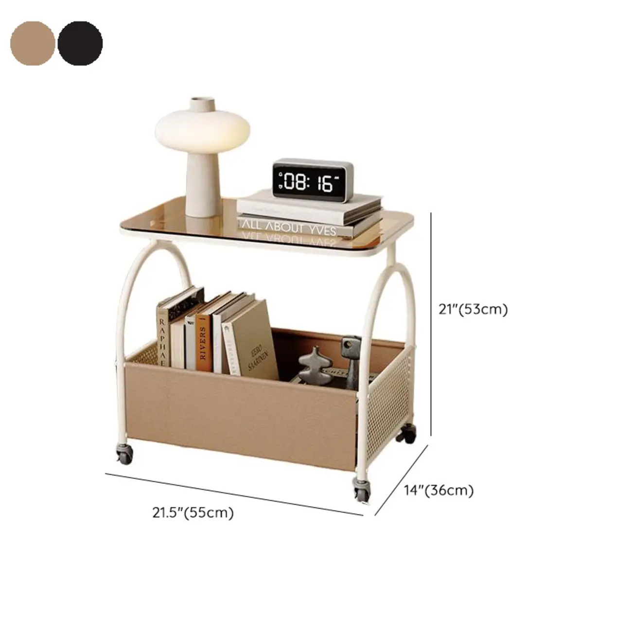 Brown Glass Top Storage Side Table Cart with Wheel #size | homeyfad