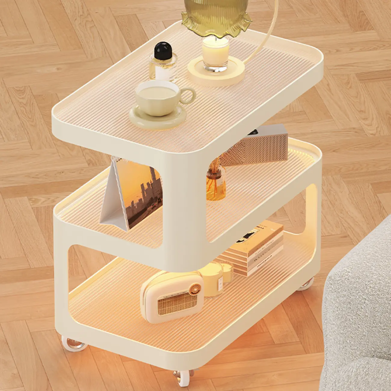 Modern White Glass Shelf 3-Tier Rolling Side Table Image - 1 | homeyfad