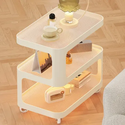 Modern White Glass Shelf 3-Tier Rolling Side Table Image - 1