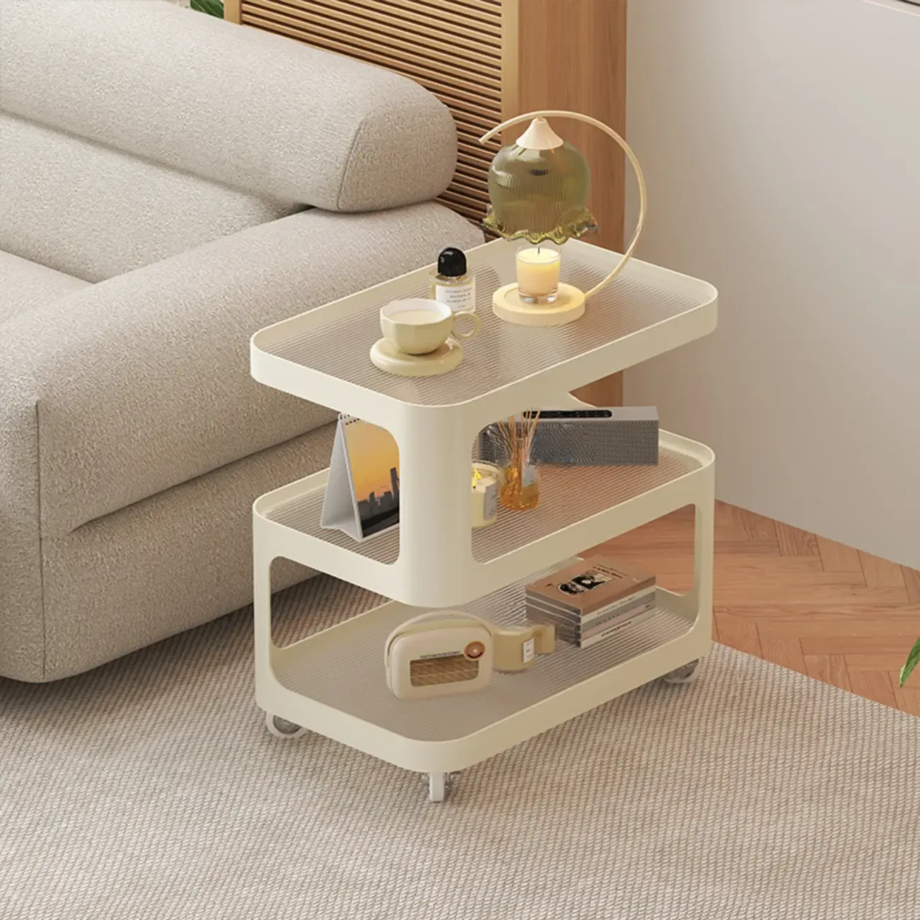 Modern White 3-tier S-Shaped Glass Rolling Side Table | HomeyFad