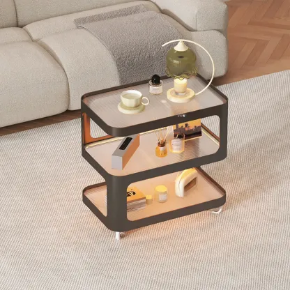 Modern White Glass Shelf 3-Tier Rolling Side Table Image - 3
