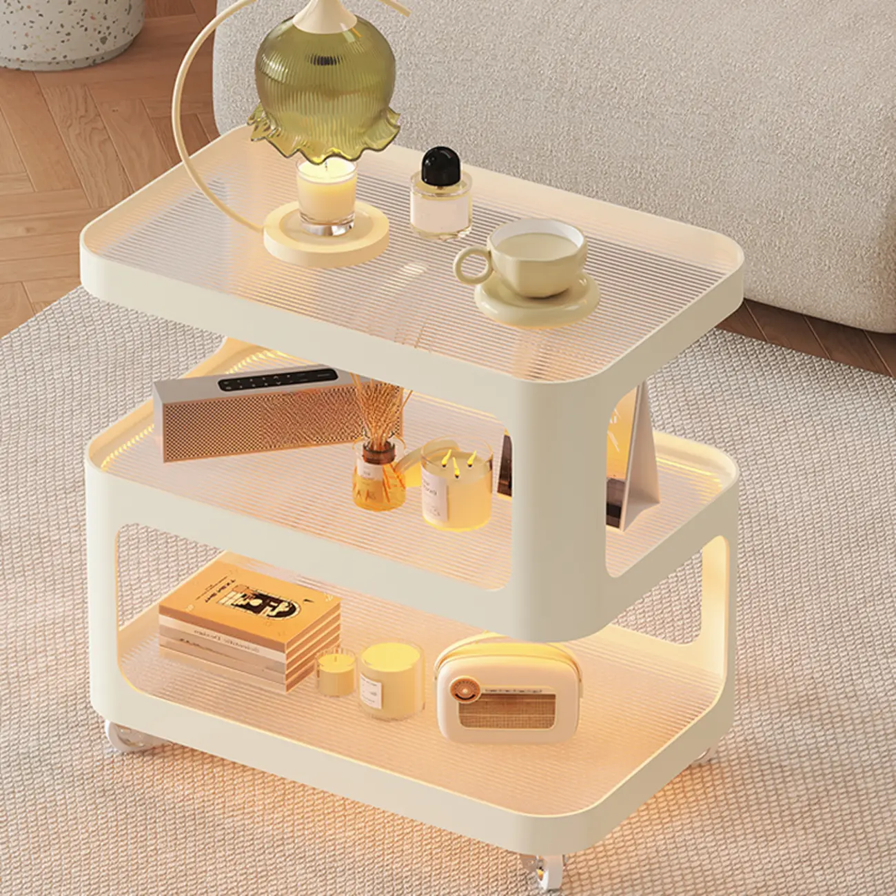 Modern White Glass Shelf 3-Tier Rolling Side Table Image - 4 | homeyfad