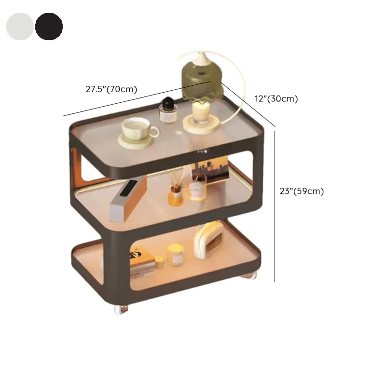 Modern White Glass Shelf 3-Tier Rolling Side Table Image - 10