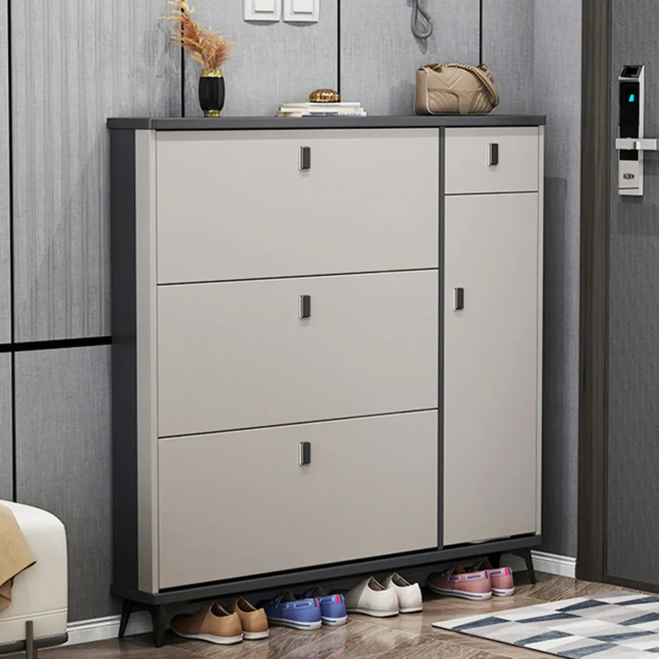 Narrow Sleek Gray Wood Shoe Cabinet with Drop-Front Door Image - 1 | homeyfad