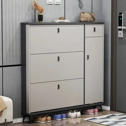 Narrow Sleek Gray Wood Shoe Cabinet with Drop-Front Door Image - 1