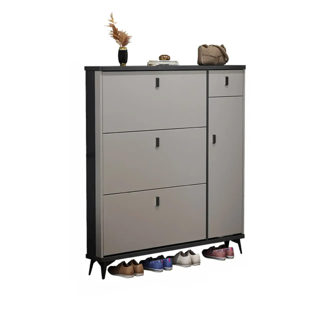 Narrow Sleek Gray Wood Shoe Cabinet with Drop-Front Door Image - 6