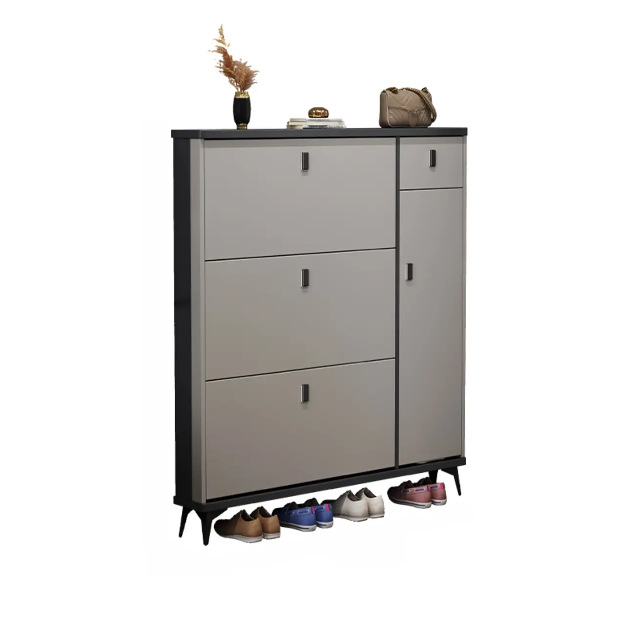Narrow Sleek Gray Wood Shoe Cabinet with Drop-Front Door Image - 5 | homeyfad