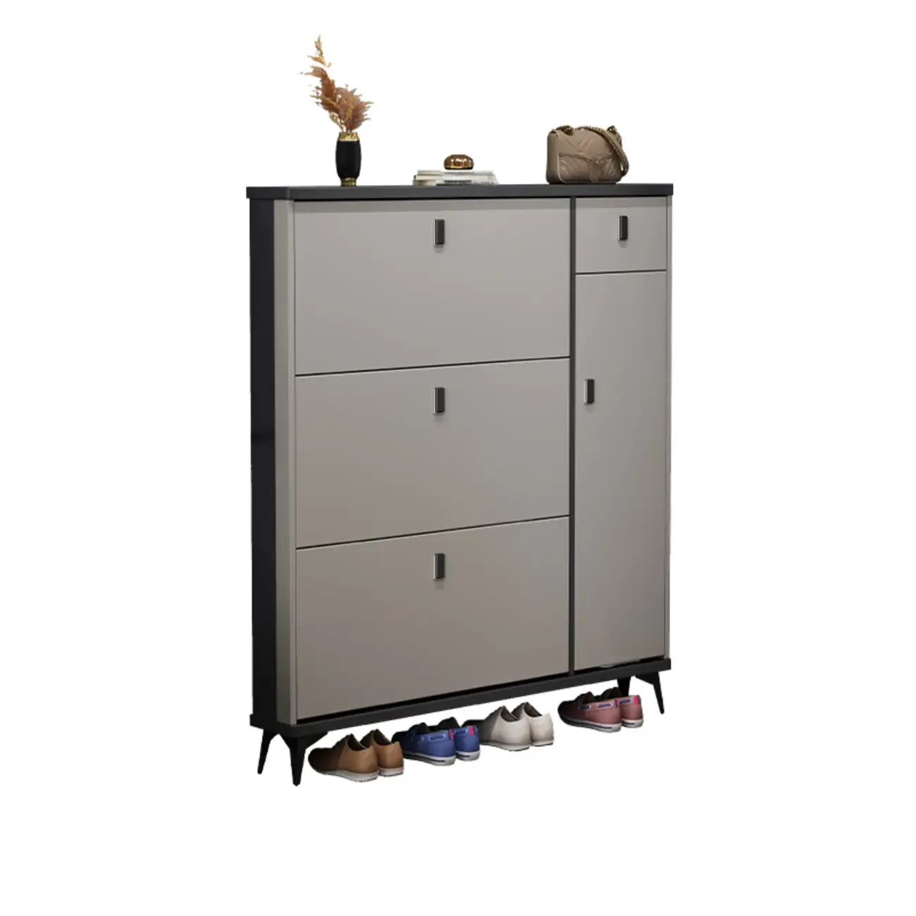 Narrow Sleek Gray Wood Shoe Cabinet with Drop-Front Door Image - 5