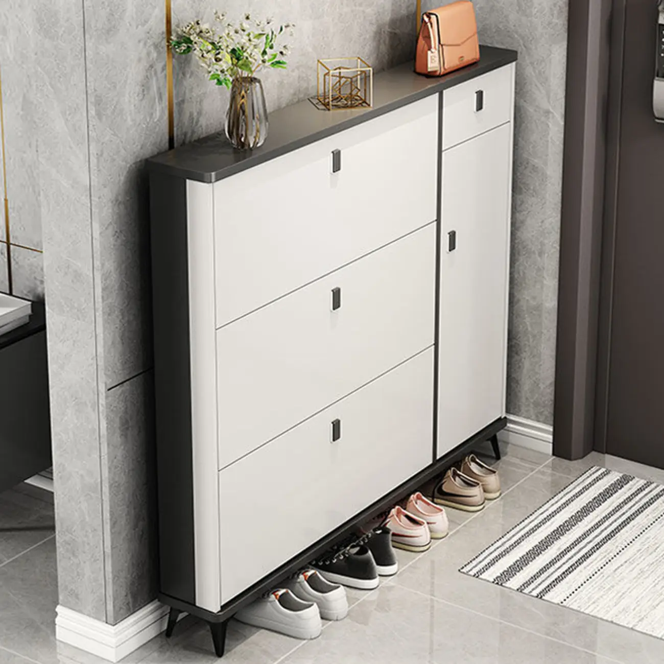 Narrow Sleek Gray Wood Shoe Cabinet with Drop-Front Door Image - 2 | homeyfad