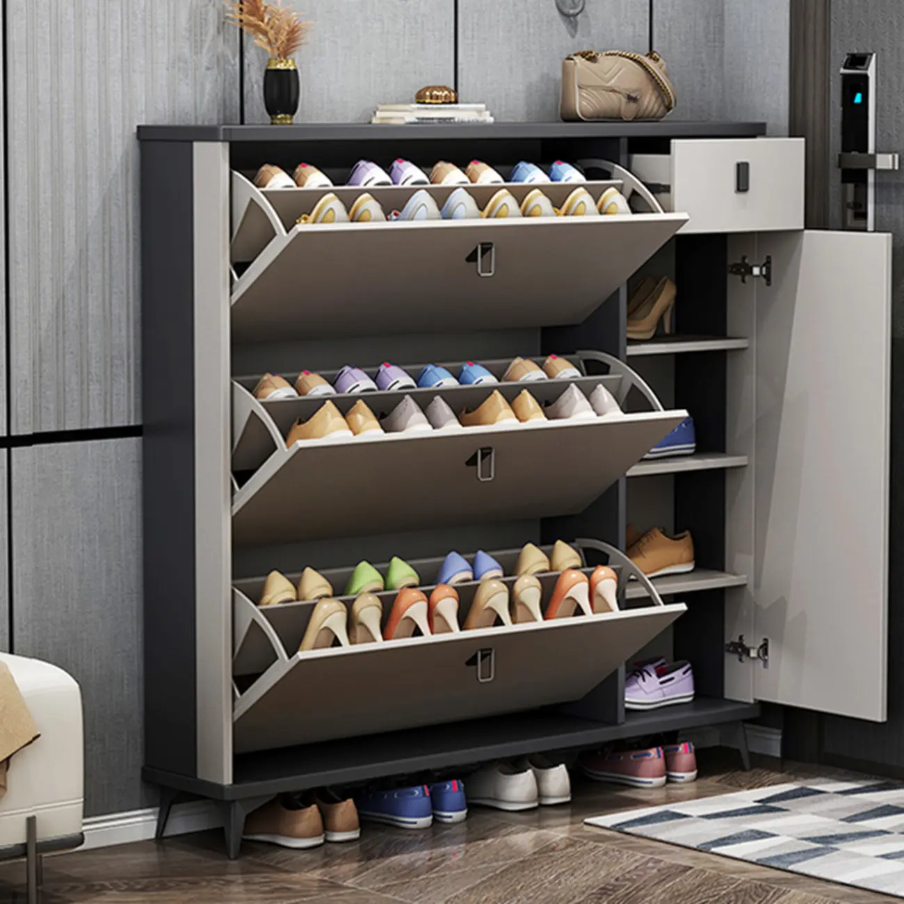 Narrow Sleek Gray Wood Shoe Cabinet with Drop-Front Door Image - 3 | homeyfad