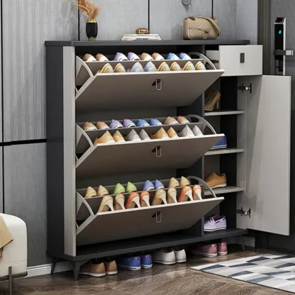 Narrow Sleek Gray Wood Shoe Cabinet with Drop-Front Door Image - 3