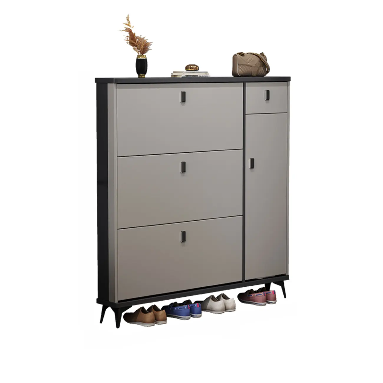 Narrow Sleek Gray Wood Shoe Cabinet with Drop-Front Door Image - 7 | homeyfad