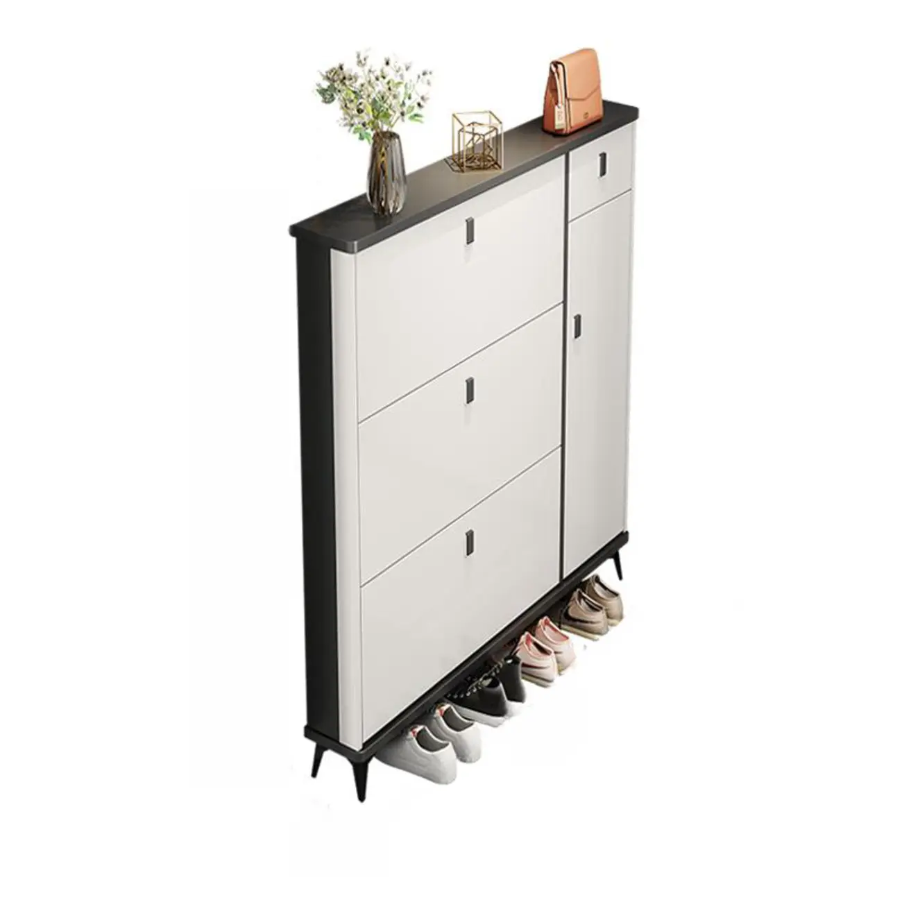 Narrow Sleek Gray Wood Shoe Cabinet with Drop-Front Door Image - 9 | homeyfad