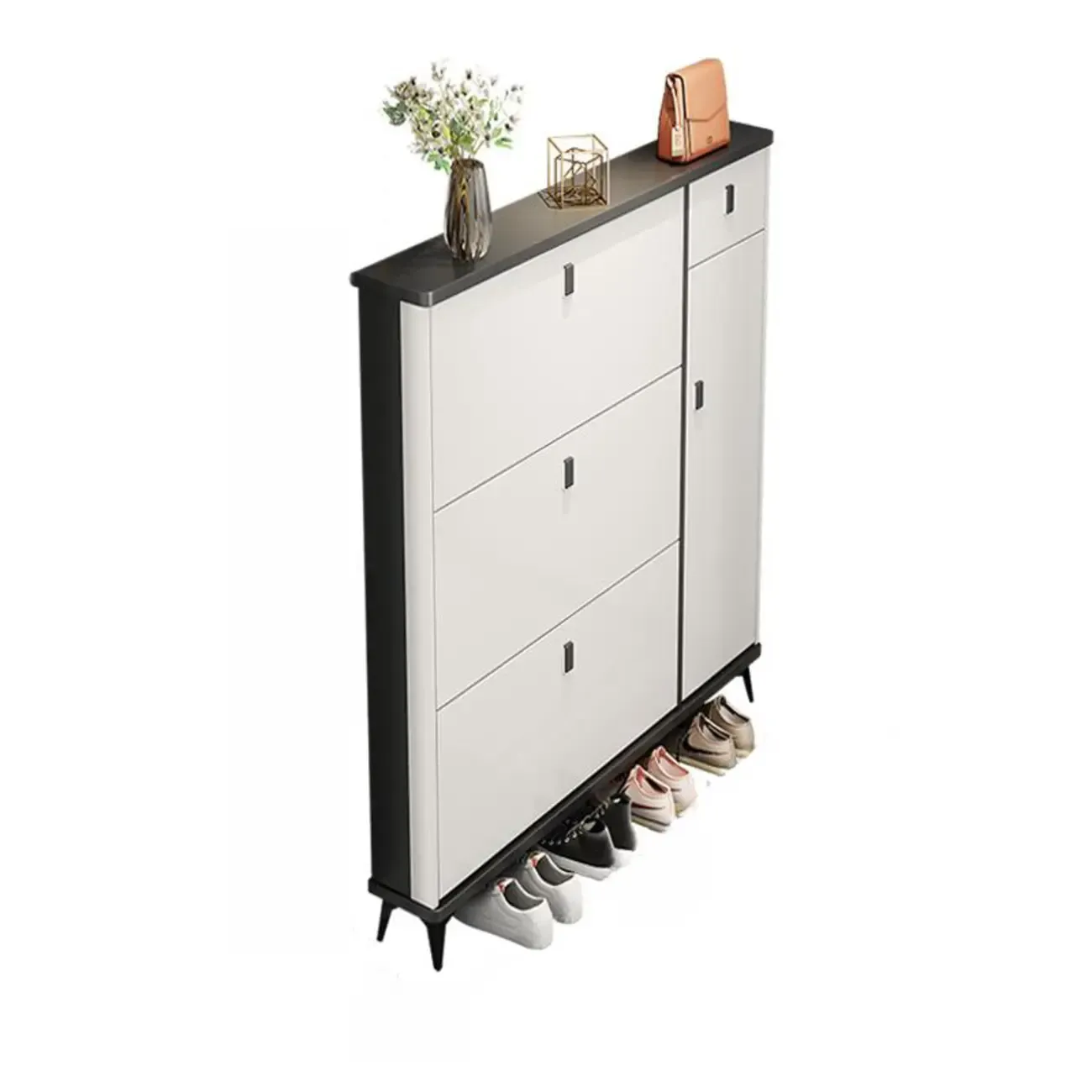 Narrow Sleek Gray Wood Shoe Cabinet with Drop-Front Door Image - 9