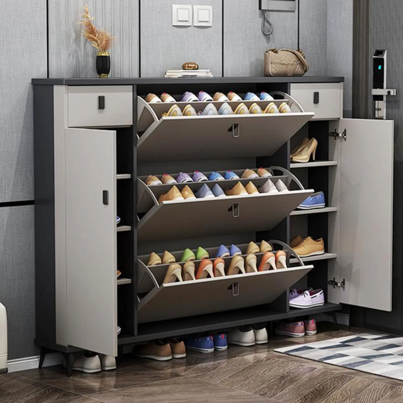 Narrow Sleek Gray Wood Shoe Cabinet with Drop-Front Door Image - 4 | homeyfad