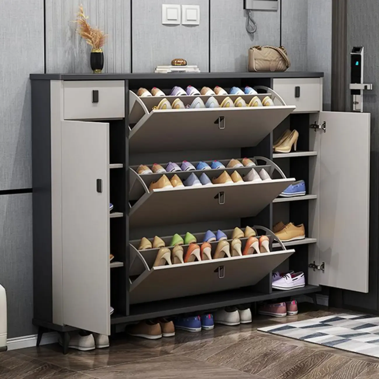 Narrow Sleek Gray Wood Shoe Cabinet with Drop-Front Door Image - 4