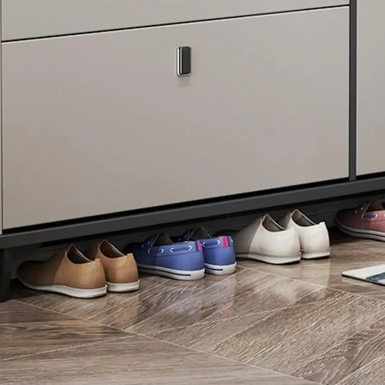 Narrow Sleek Gray Wood Shoe Cabinet with Drop-Front Door Image - 11