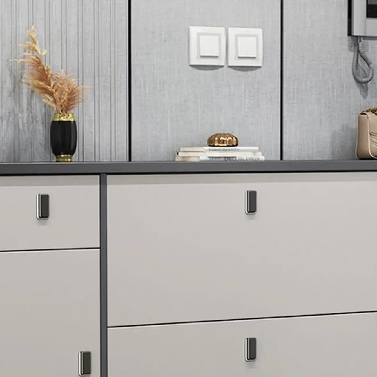 Narrow Sleek Gray Wood Shoe Cabinet with Drop-Front Door Image - 12