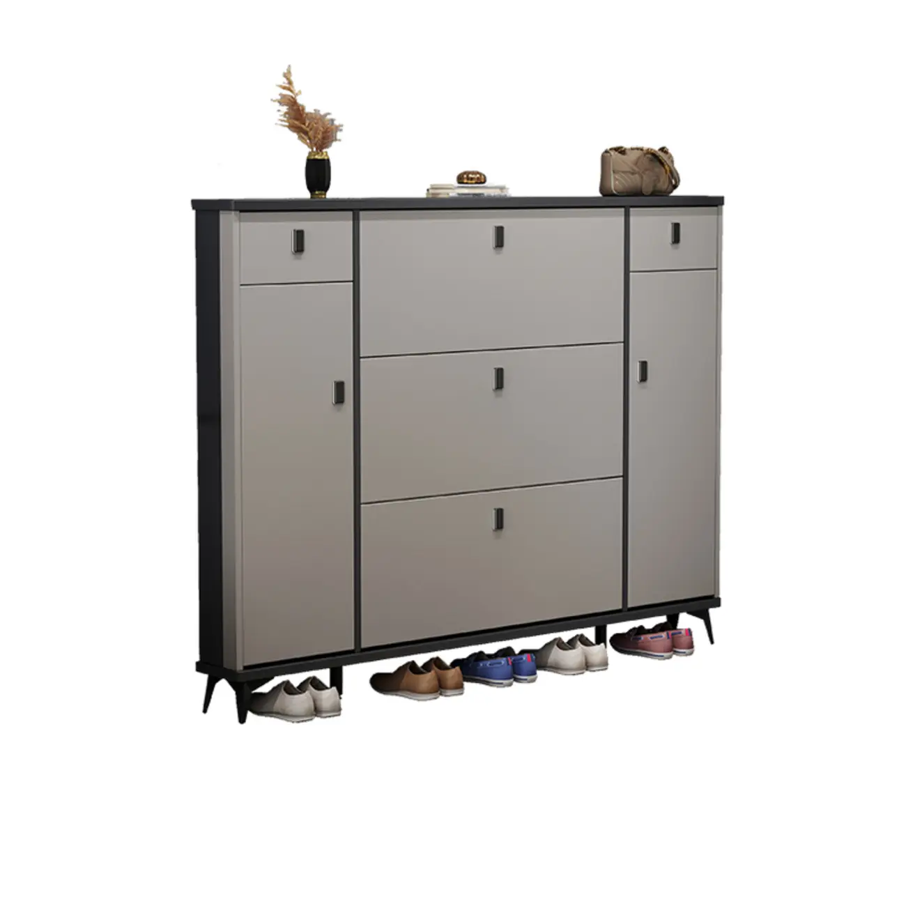Narrow Sleek Gray Wood Shoe Cabinet with Drop-Front Door Image - 8 | homeyfad