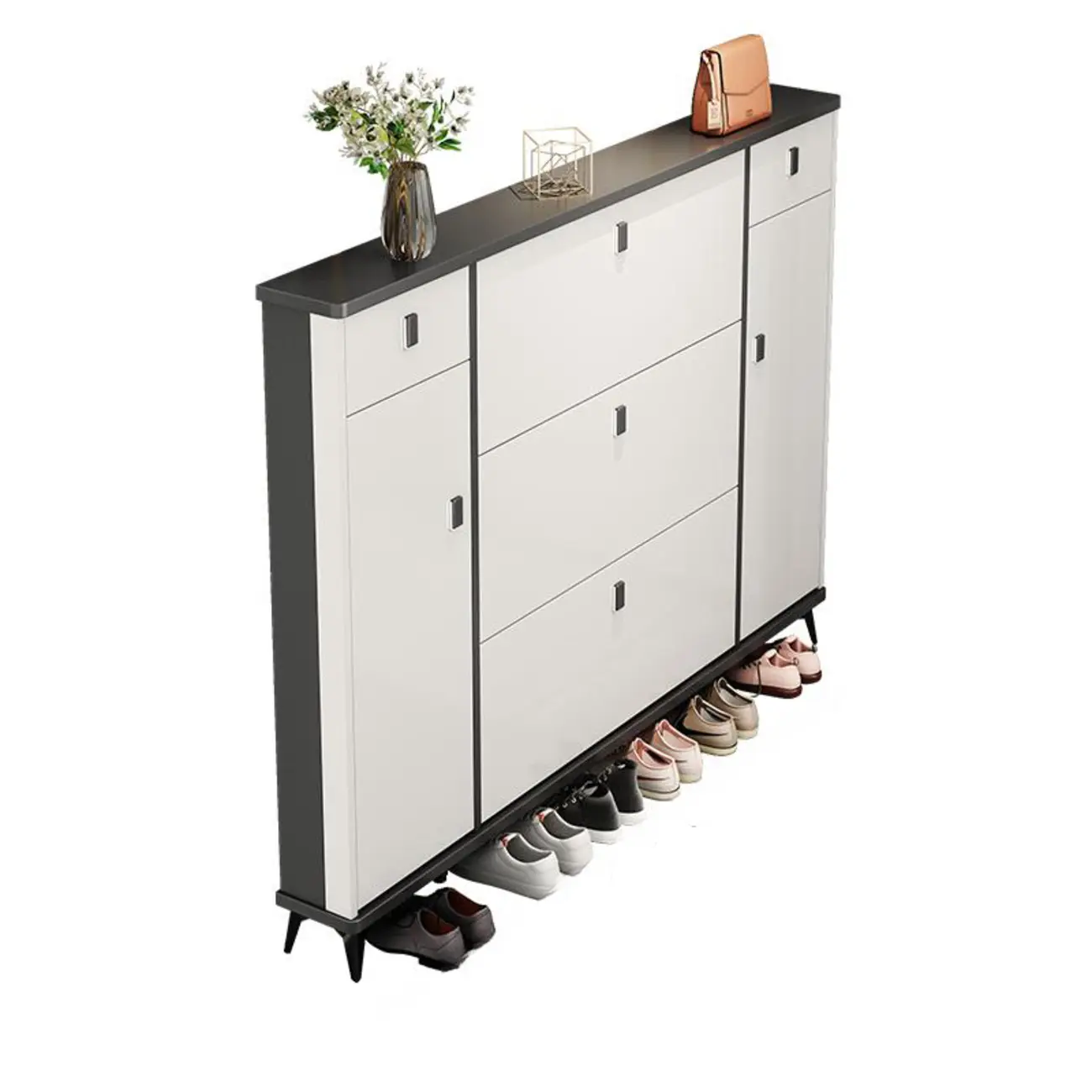 Narrow Sleek Gray Wood Shoe Cabinet with Drop-Front Door Image - 15 | homeyfad