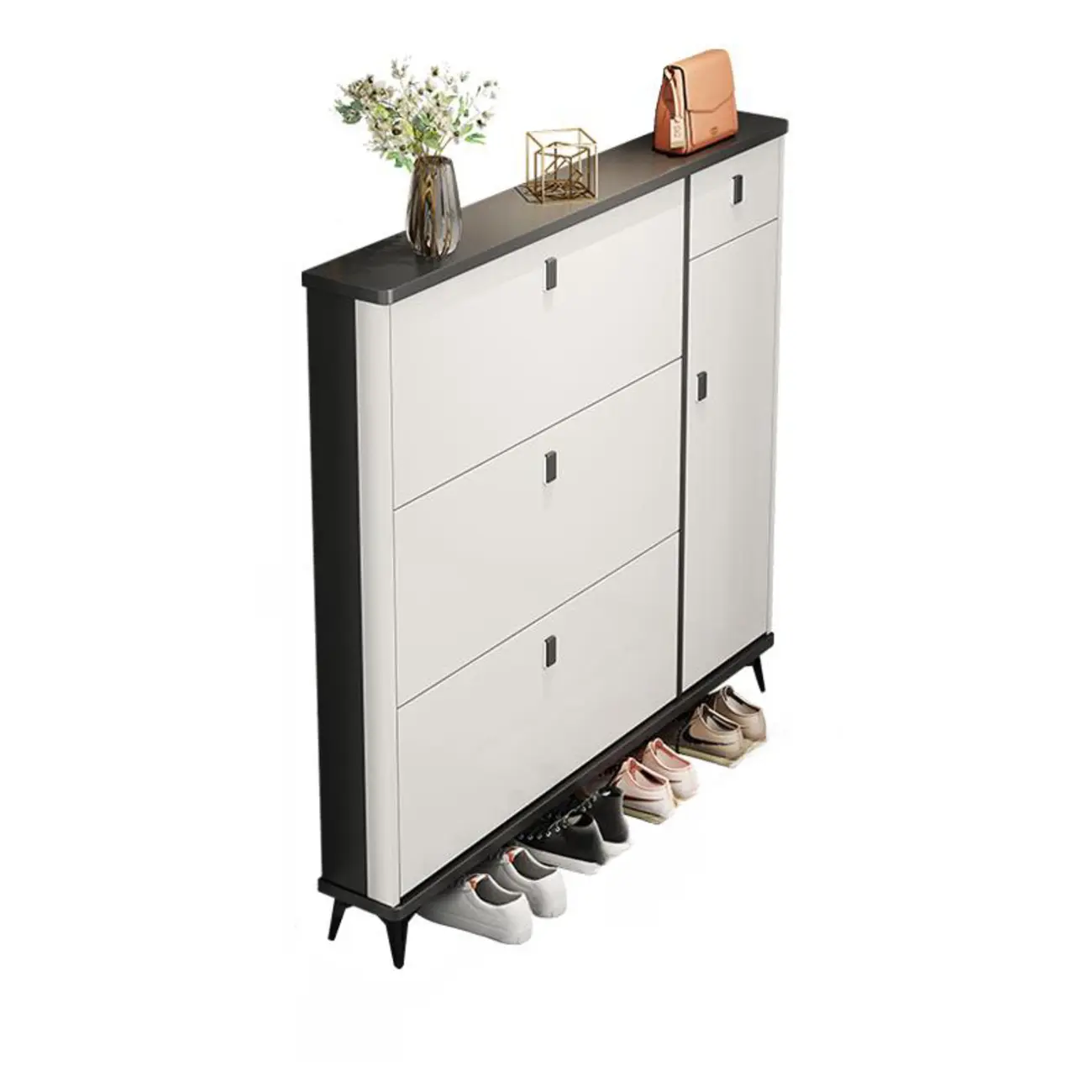 Narrow Sleek Gray Wood Shoe Cabinet with Drop-Front Door Image - 16 | homeyfad