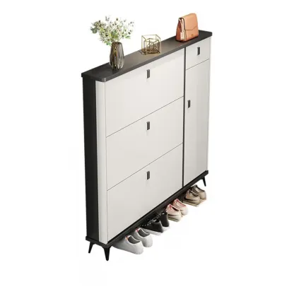Narrow Sleek Gray Wood Shoe Cabinet with Drop-Front Door Image - 16
