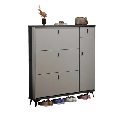 Narrow Sleek Gray Wood Shoe Cabinet with Drop-Front Door Image - 17