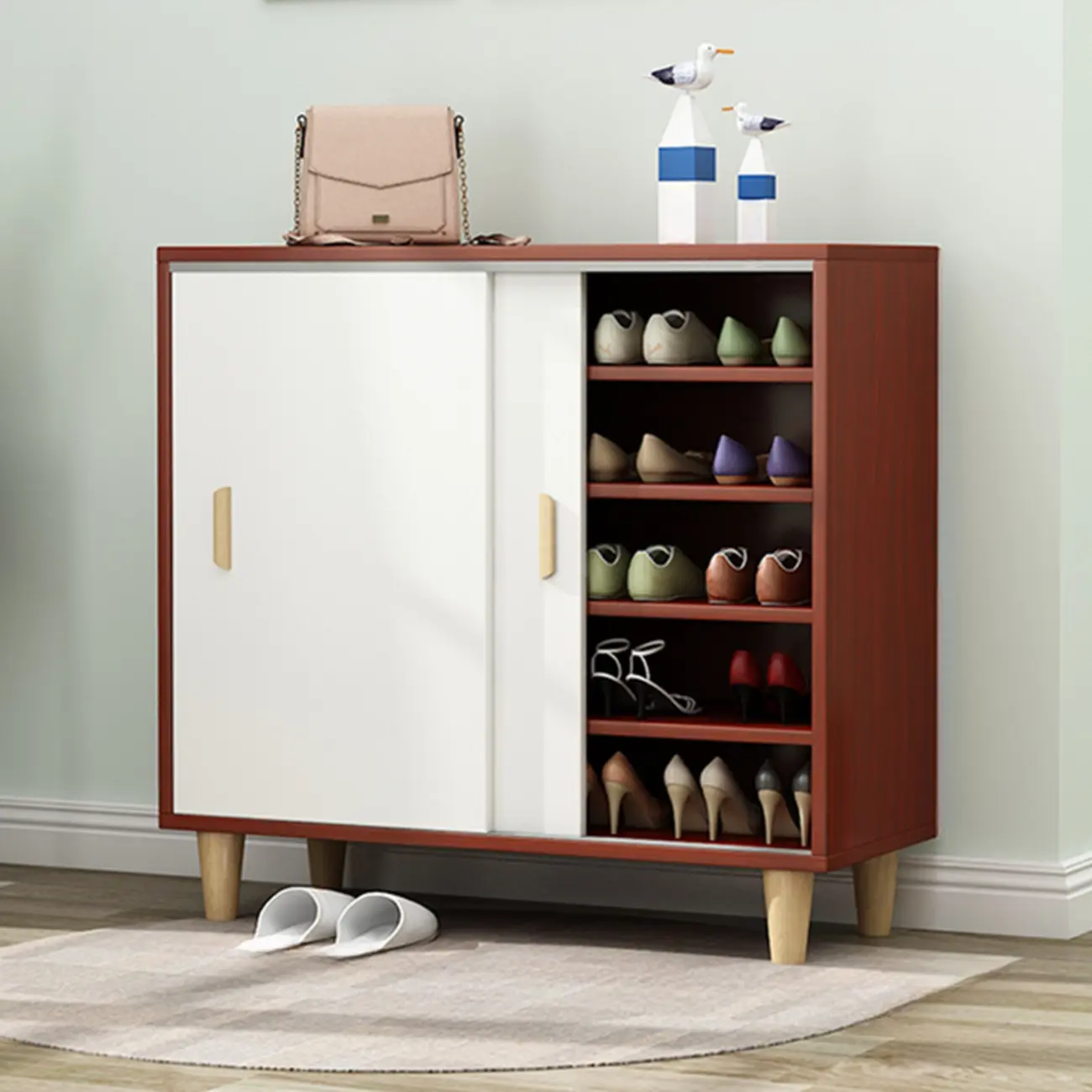 Freestanding Spacious Sliding Door 6-Tier Wood Shoe Cabinet Image - 6 | homeyfad